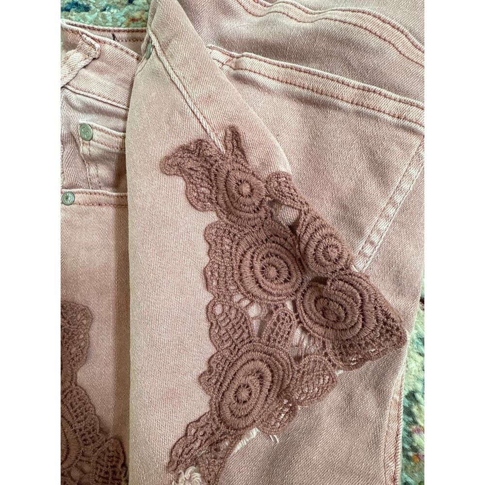 Celebrity Pink Dusty Rose Pink Denim Raw Hem Cut off Shorts with Lace Detail - Picture 3 of 6